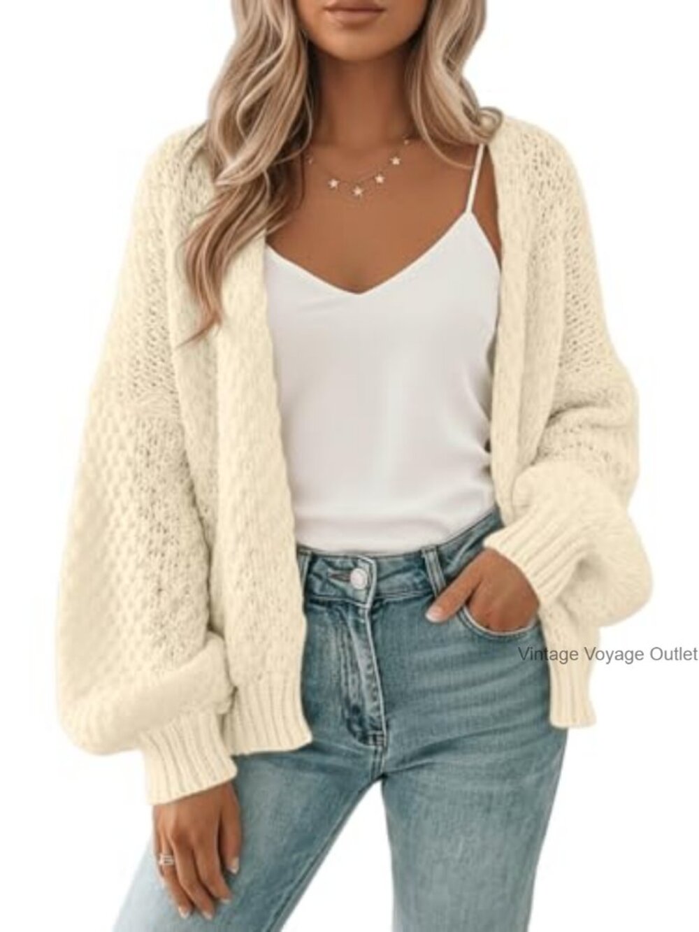 Waffle Knit Open Front Cardigan Oversized Crochet Long Sleeve Sweater